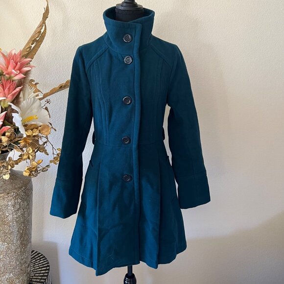 Modcloth Teal Overcoat With Vibrant Pink & Purple Cat Print Lining Size M - Picture 4 of 12